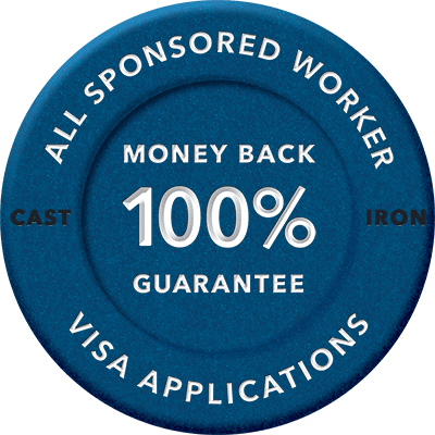 A stamp/seal in blue offering 100% money back
